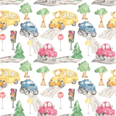 Tapeten Autos Aquarell nahtloses Muster mit süßem Schulbus, Pickup und Auto im Gelände