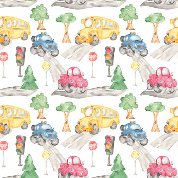 Watercolor seamless pattern with cute school bus, pickup and car offroad