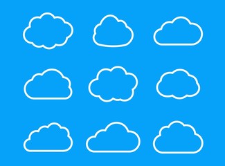 Set outline cloud icon for website, app, ui and logo. Vector cloud icons isolated on sky blue background.