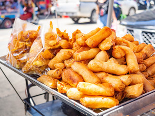 Spring Rolls with vermicelli,In the market (Sampeng),Street food Thailand,Sun Shining