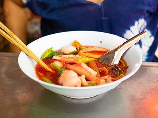 Yentafo noodle with fish meatball good tasty food,In restaurant at Market (Sampeng),Bangkok,Thailand