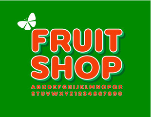 Vector colorful Sign Fruit Shop. Bright Red and Green 3D Font. Creative Alphabet Letters and Numbers