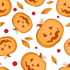 Vector seamless Halloween pattern with scary pumpkins, leaves and berries. Halloween design for greeting card, gift box, wallpaper, fabric, web design.