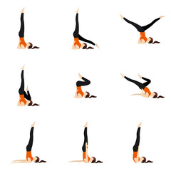 Shoulderstand variations yoga poses set/ Illustration stylized woman practicing yoga postures sarvangasana variations