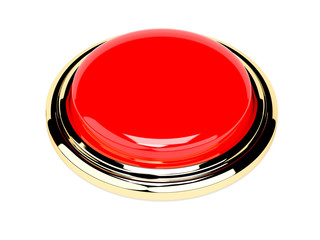 Red push button with golden frame. Shiny 3d element