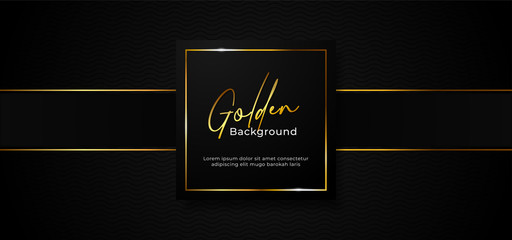 simple luxury professional paper box badge with sparkling golden square frame on wave pattern dark black background with gold ribbon decoration. vector illustration banner template design