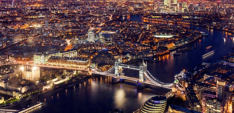 London cityscape at night, United Kingdom. Aerial view