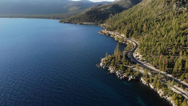 Traffic Along the Shore of Lake Tahoe and Memorial Point - Aerial Drone.