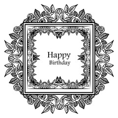 Black white wreath frame, decoration of invitation card or greeting card, celebration happy birthday. Vector
