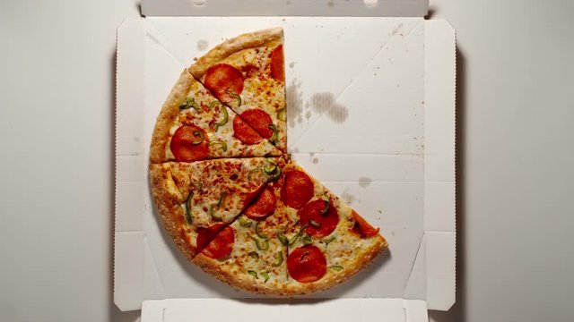 CLOCKWISE: Whole Circle Of Big Pizza Is Eaten Up From The White Box