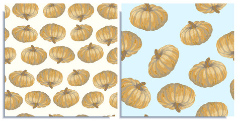Vector set of seamless patterns with wonderful yellow small flat pumpkins, hand-drawn in graphic, real-style. Seasonal colors: yellow, beige, brown, blue. Looks watercolor, beautiful, fresh vegetables