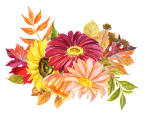 Watercolor hand drawn bouquet of decorative watercolor autumn flowers and fallen leaves isolated on white background