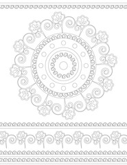 Round, contour, floral ornament of leaves, flowers, lines, shapes isolated on a white background. Ethnic mandala, Botanical border in letter format