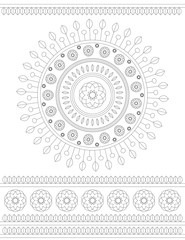 Round, contour, floral ornament of leaves, flowers, lines, shapes isolated on a white background. Ethnic mandala, Botanical border in letter format