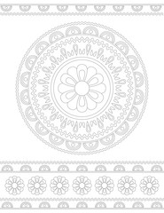 Round, contour, floral ornament of leaves, flowers, lines, shapes isolated on a white background. Ethnic mandala, Botanical border in letter format