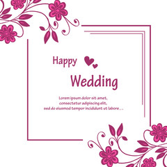 Shape of card happy wedding, pattern art pink wreath frame, isolated on a white backdrop. Vector