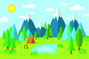 Cartoon flat illustration: summer camping, camp in the forest of tents, green trees in the Park in the mountains, the fire in the campaign, a trip into the countryside