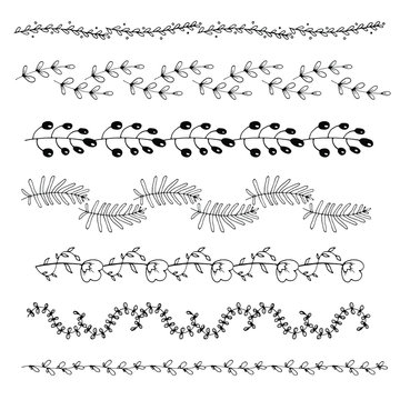 Seamless floral ornament dividers. Hand drawn decoration, sketch borders set.