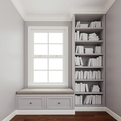 Comfy upholstered window seat with drawers in a window nook with library and books.  Trim, molding, crown and baseboard in white color. 3d rendering, 3d illustration