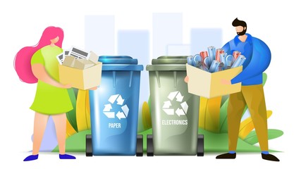 Couple sorting paper and electronics wastes. Woman and man throwing garbage in recycling bins. Flat vector illustration.