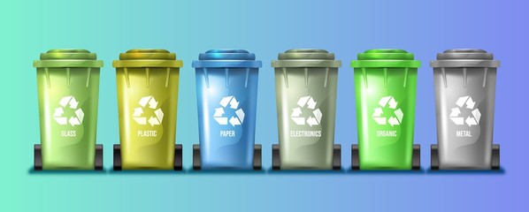 Collection of the colorful recycling bins. Vector illustration showing few sorting cans with recycling symbols.