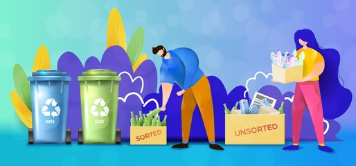 Couple of man and woman separate sorted and unsorted wastes. Vector illustration showing characters sorting trash.