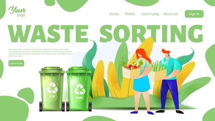 Man and woman separating organic and glass wastes. Waste sorting landing page template. Vector illustration.