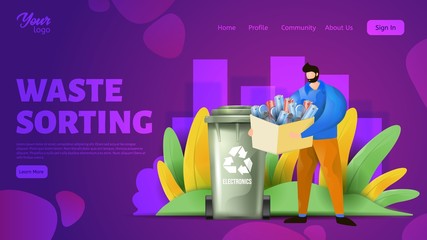 Waste sorting webpage template. Vector illustration showing a man sorting electronic wastes.