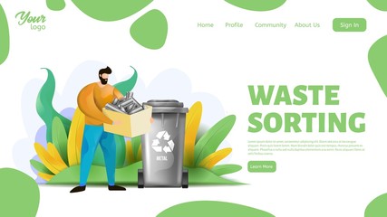 Man holding a box with metal wastes. Waste sorting landing page template. Metal waste sorting.