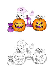 Halloween illustration with smiling Pumpkins,ghosts, spider and grave on a white background. Page of coloring book.