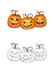 Halloween illustration with smiling Pumpkins on a white background. Page of coloring book.