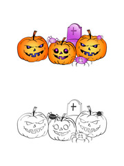 Halloween illustration with smiling Pumpkins, spiders and grave on a white background. Page of coloring book.