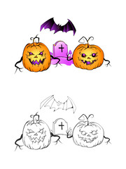 Halloween illustration with smiling Pumpkins, bat and grave on a white background. Page of coloring book.