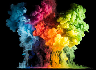 Colorful paint drops from above mixing in water. Ink swirling underwater