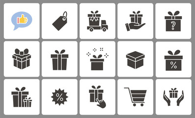 Gift box icons set. Black vector illustration.