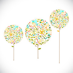 trees with creative geometrical and leaves silhouettes decoration on white background, vector illustration