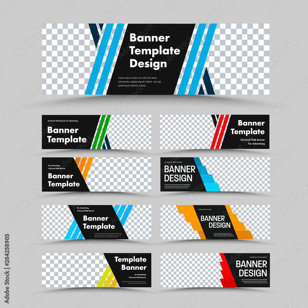 Poster Horizontal black vector web banner templates with diagonal colored lines for, place for photo and text.