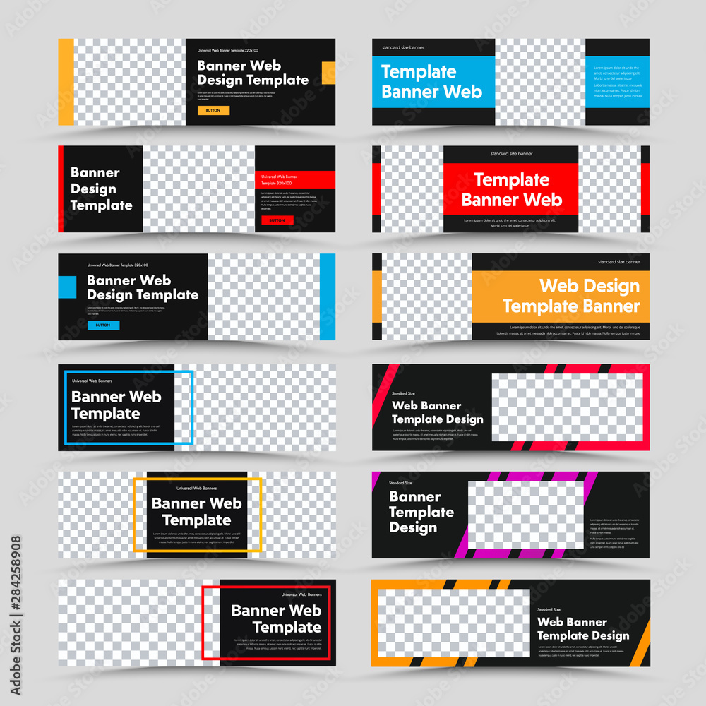 Poster Set of horizontal black vector web banners with place for photo and text and colored rectangles, frames and diagonals.