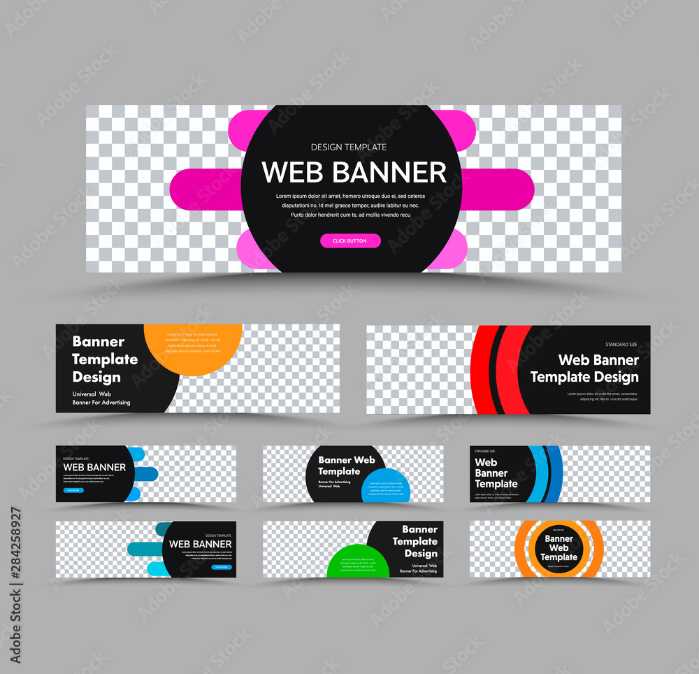 Aufkleber Horizontal black vector web banner templates with place for photo and text and colored round and rounded design elements.