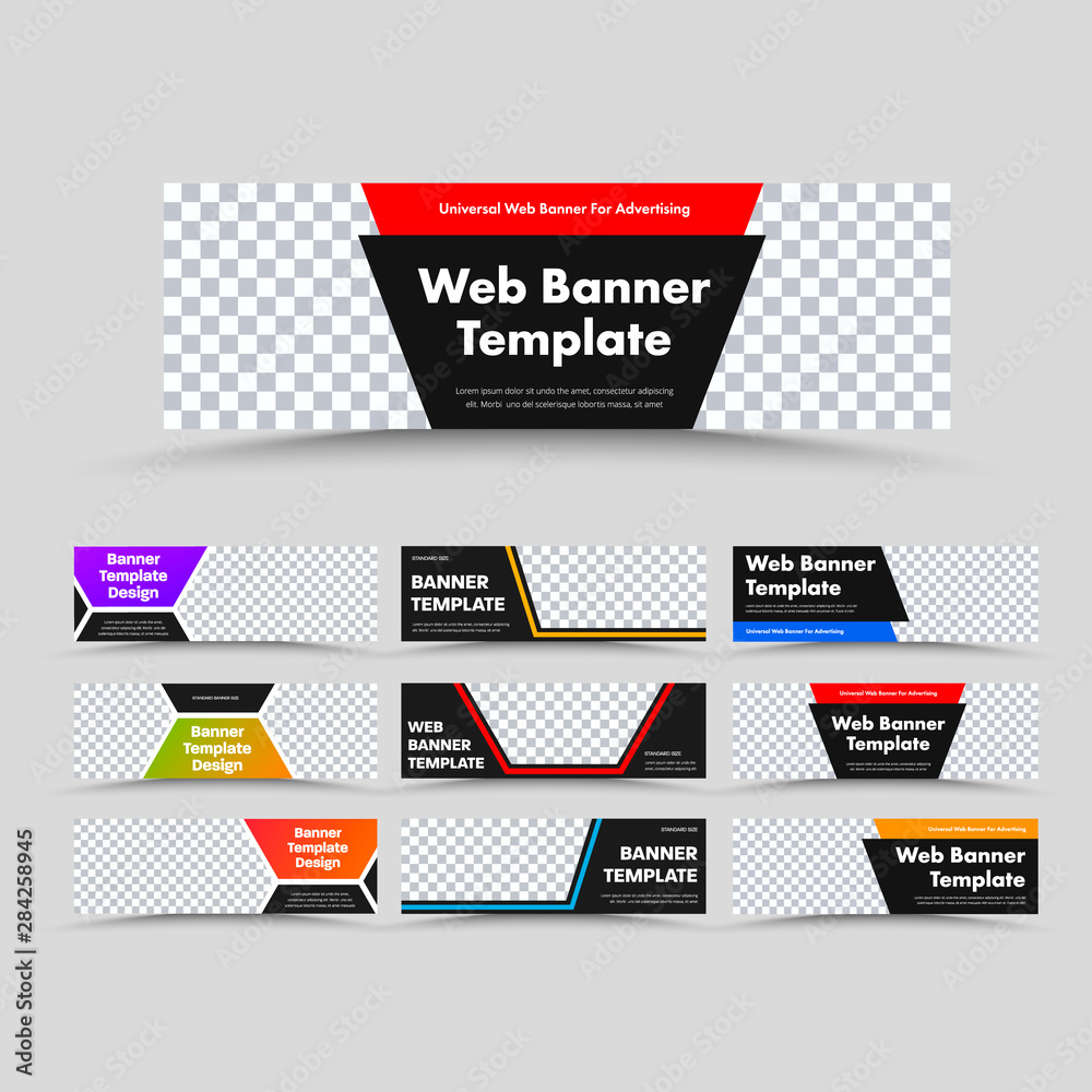 Poster Horizontal black vector web banner templates with place for photo and text and different geometric shapes.