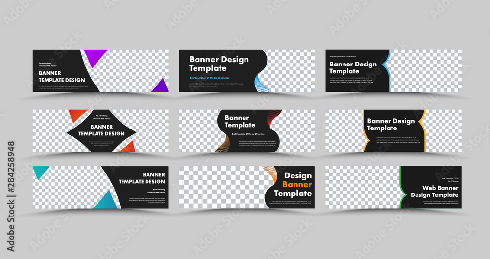 Poster Design of horizontal black vector web banners with colored triangles and lines and place for photo.