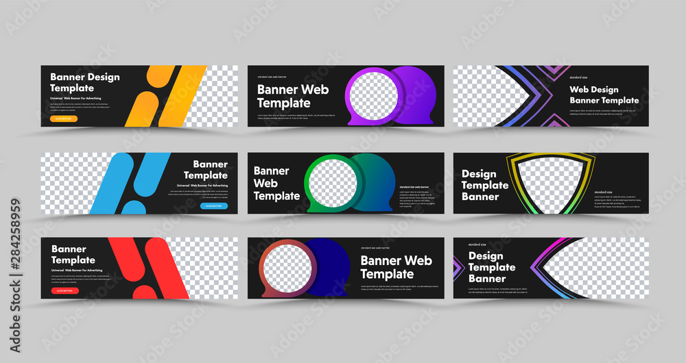 Aufkleber design of horizontal black vector web banners with colored bubbles, strokes and lines.
