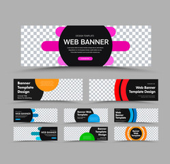 Horizontal black vector web banner templates with place for photo and text and colored round and rounded design elements.