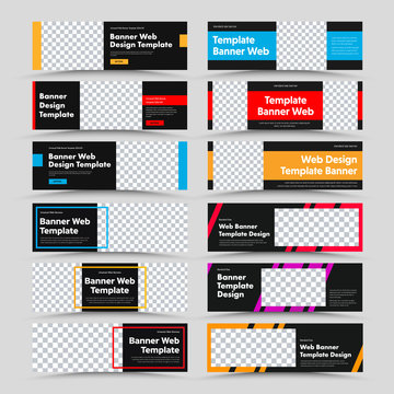 Set of horizontal black vector web banners with place for photo and text and colored rectangles, frames and diagonals.