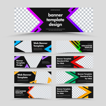 Set of horizontal black vector web banners with place for photo and text and colored triangles, and arrows.