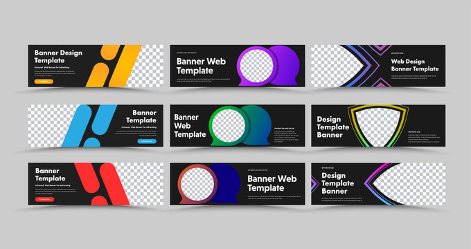 Design of horizontal black vector web banners with colored bubbles, strokes and lines.
