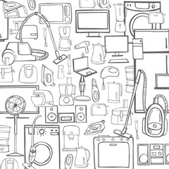 Fototapeta premium Hand drawn household appliances for kitchen and home. Vector background