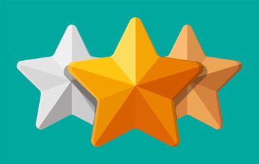 Star shape ornament. Five corner star. Gold, silver and bronze awards. Symbol of wealth, trophy or prize. Vector illustration in flat style