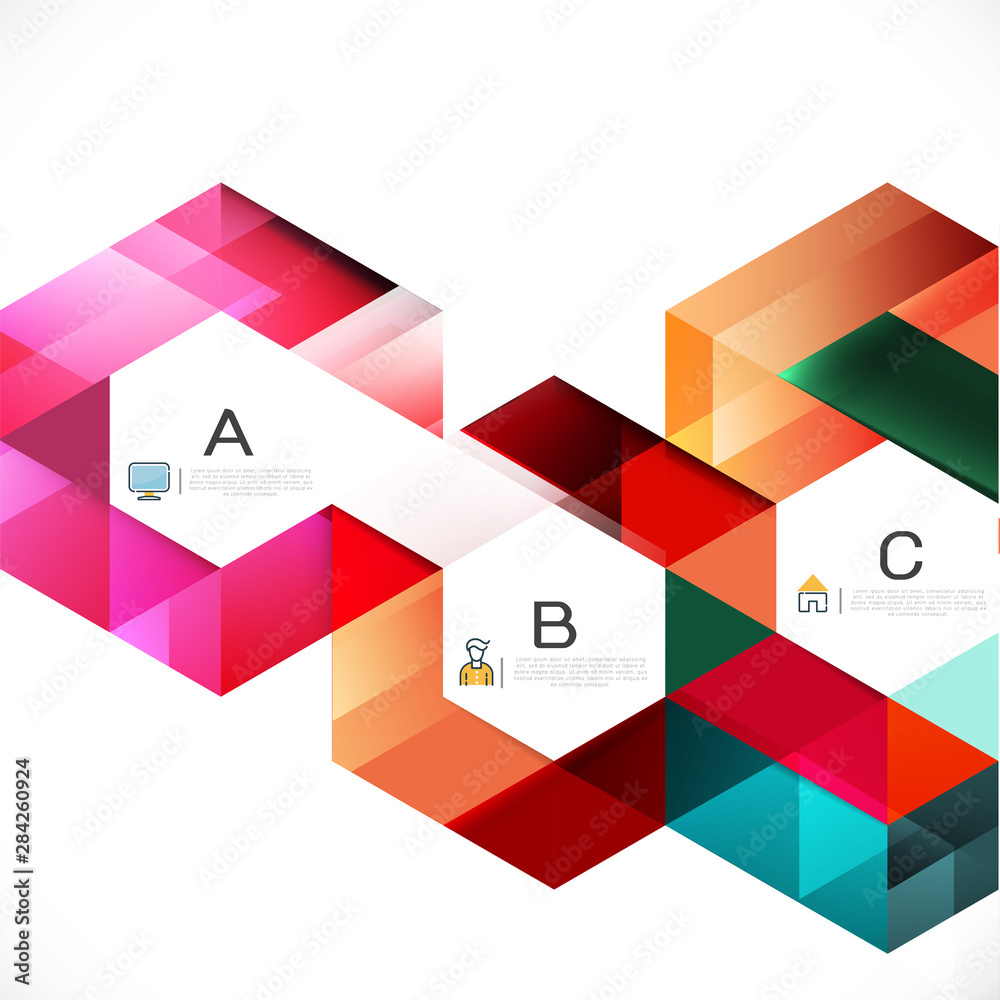 Poster modern infographics with overlapping and colorful geometric template on white background and space f