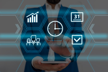 Male human wear formal work suit presenting presentation using smart device